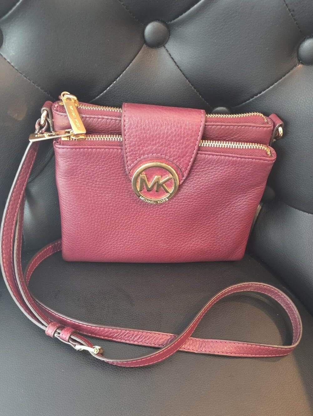 Michael Kors Wine Leather Crossbody with Gold MK Emblem